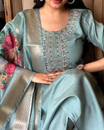 Premium Women’s Sky Blue Embroidered Chanderi Silk Kurta Set with Floral Printed Jacquard Butti Dupatta – Festive and Wedding Ready Outfit