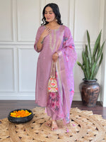 Luxurious Lavender Embroidered Chanderi Silk Suit Set with Jacquard Butti Dupatta