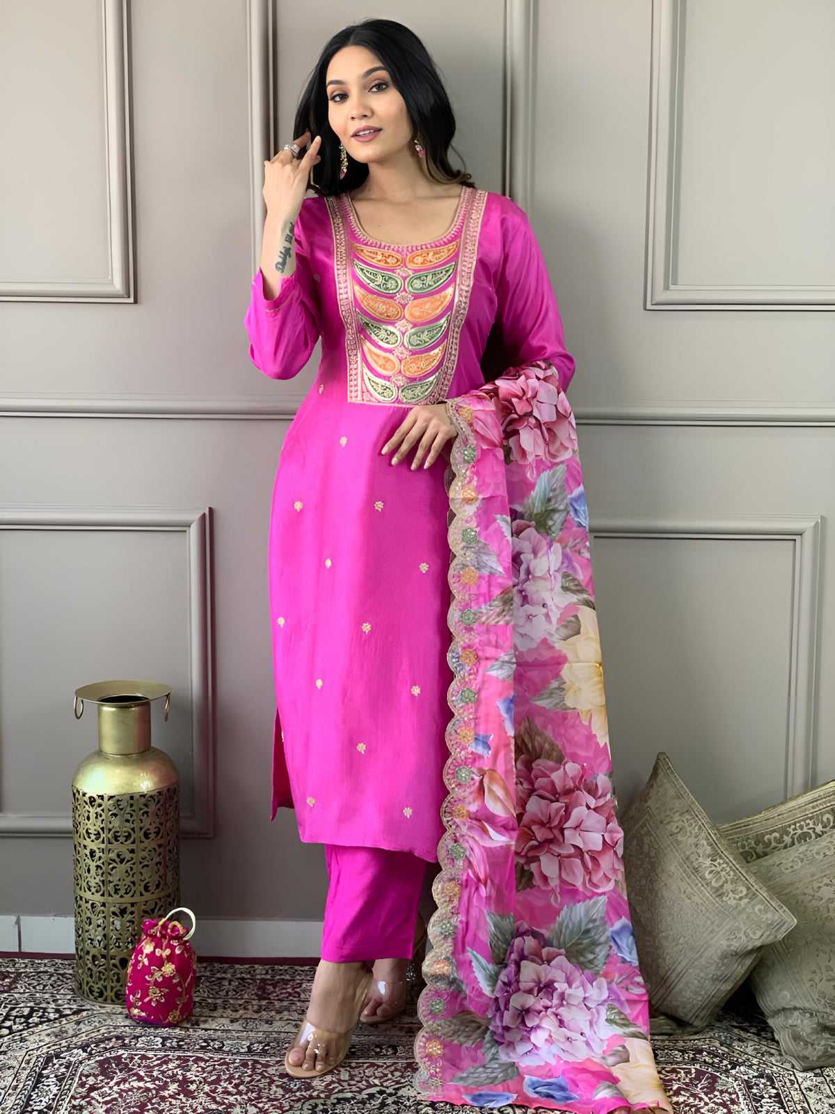 Elegant Pink Embroidered Chanderi and Jacquard Butti Dupatta Set