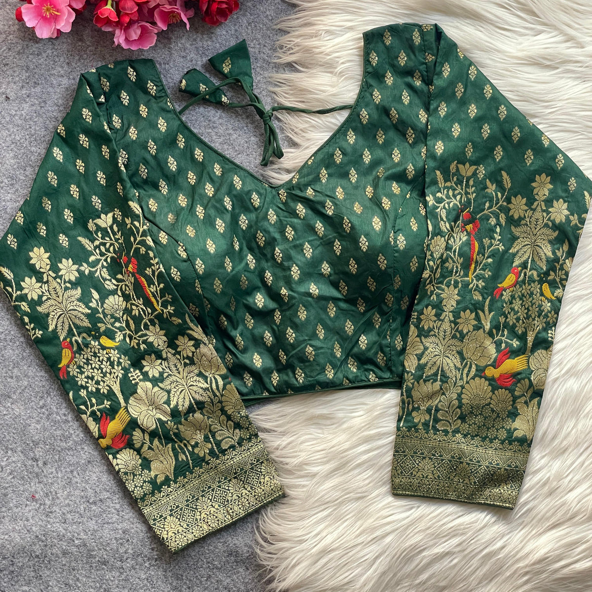 Banarasi Brocade Ready-Made Full Stitched Designer Blouse for Women - Elbow Sleeves with Zari Bird Weaving