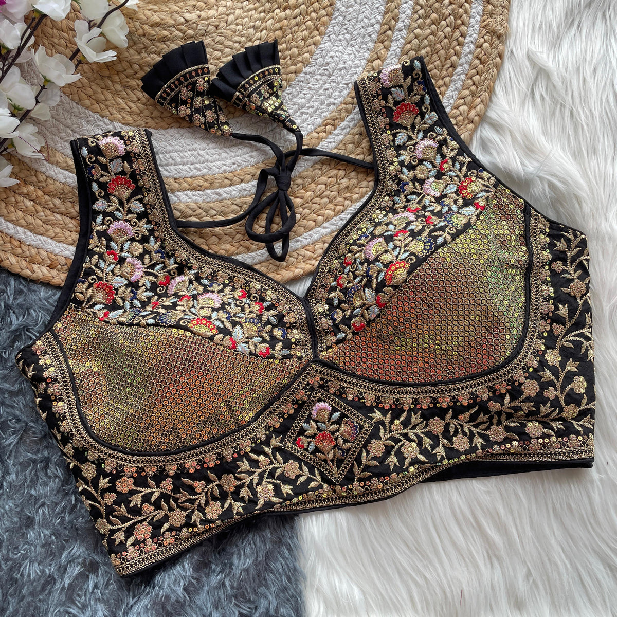 Premium Embroidered Designer Blouse – Ready-Made, Fully Stitched with Sequin & Thread Work