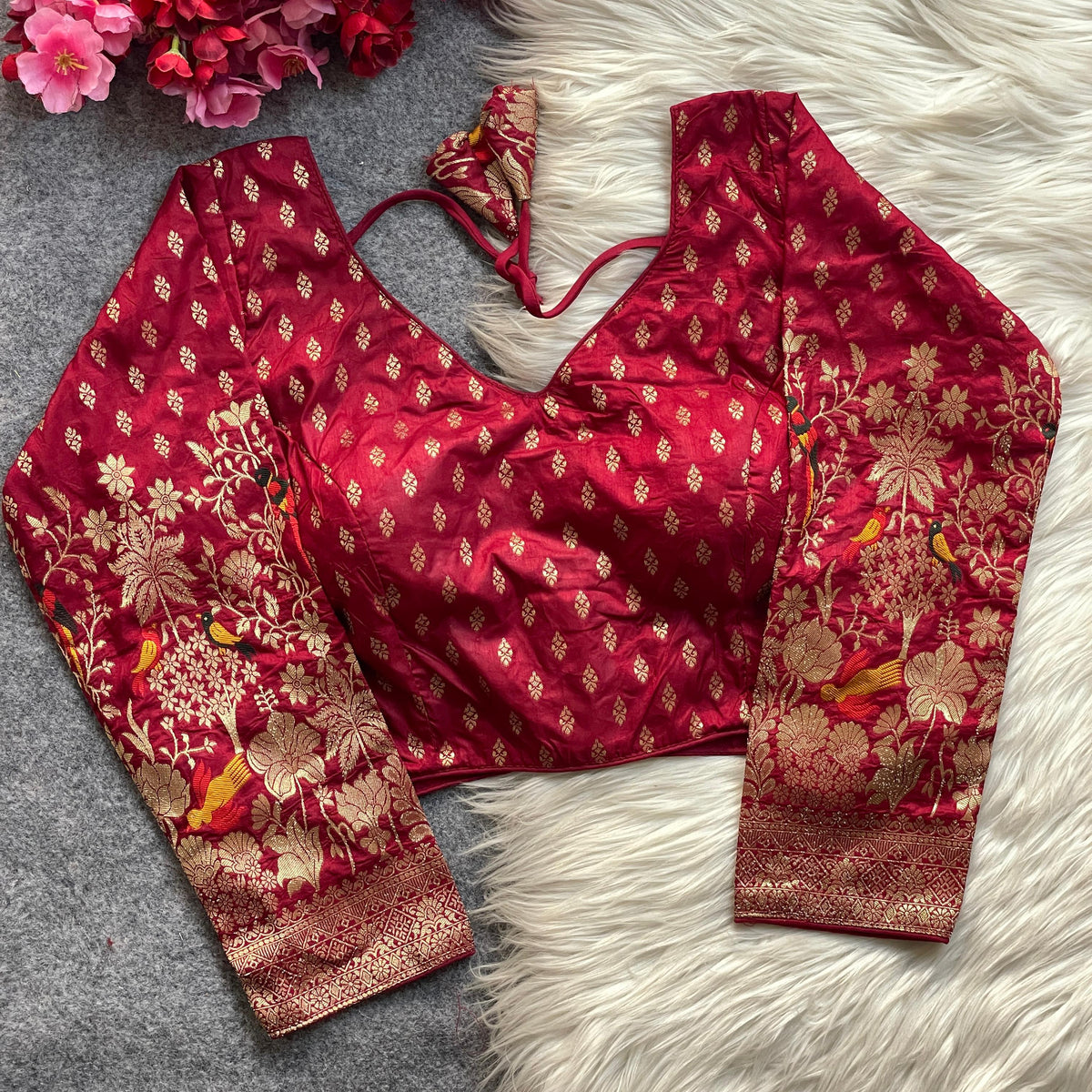 Banarasi Brocade Ready-Made Full Stitched Designer Blouse for Women - Elbow Sleeves with Zari Bird Weaving