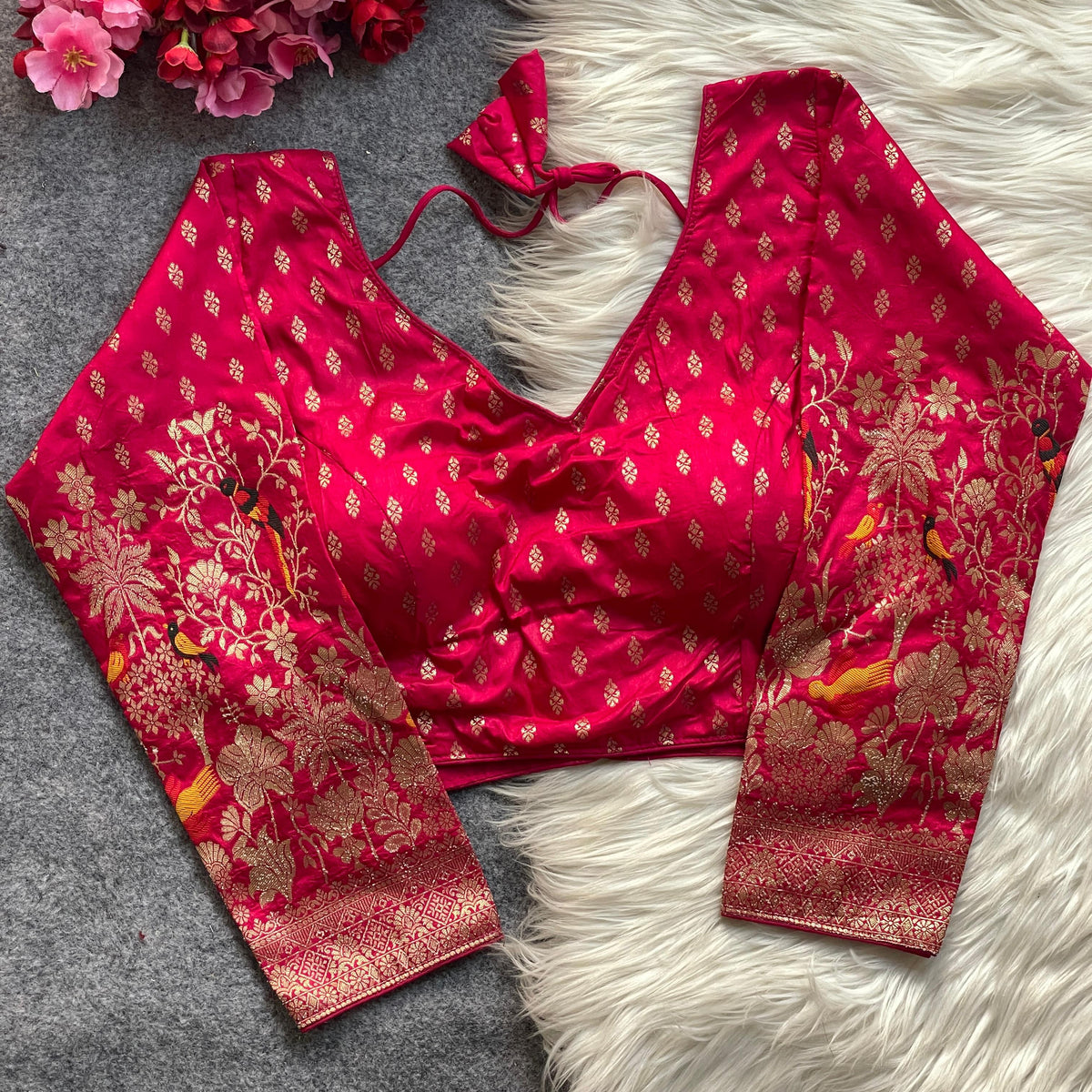 Banarasi Brocade Ready-Made Full Stitched Designer Blouse for Women - Elbow Sleeves with Zari Bird Weaving