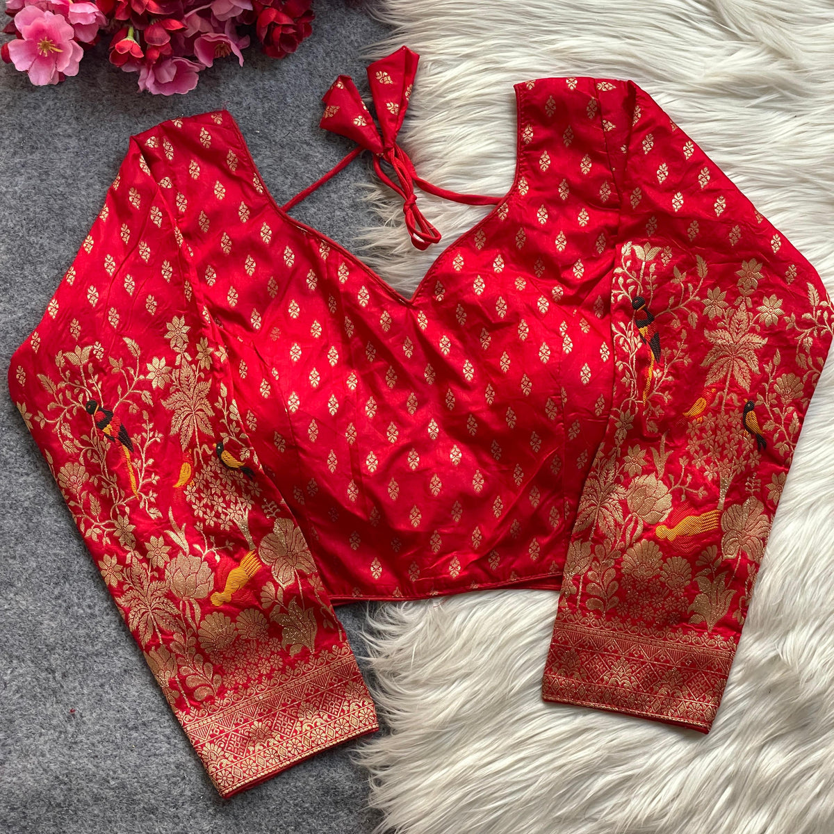 Banarasi Brocade Ready-Made Full Stitched Designer Blouse for Women - Elbow Sleeves with Zari Bird Weaving