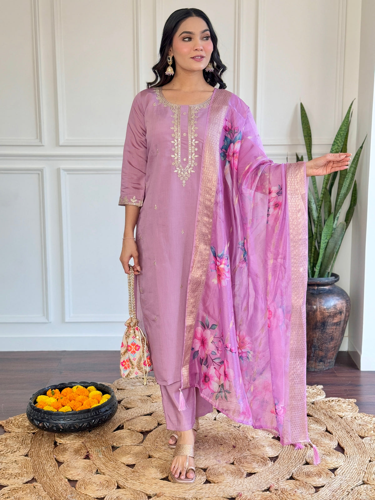 Luxurious Lavender Embroidered Chanderi Silk Suit Set with Jacquard Butti Dupatta