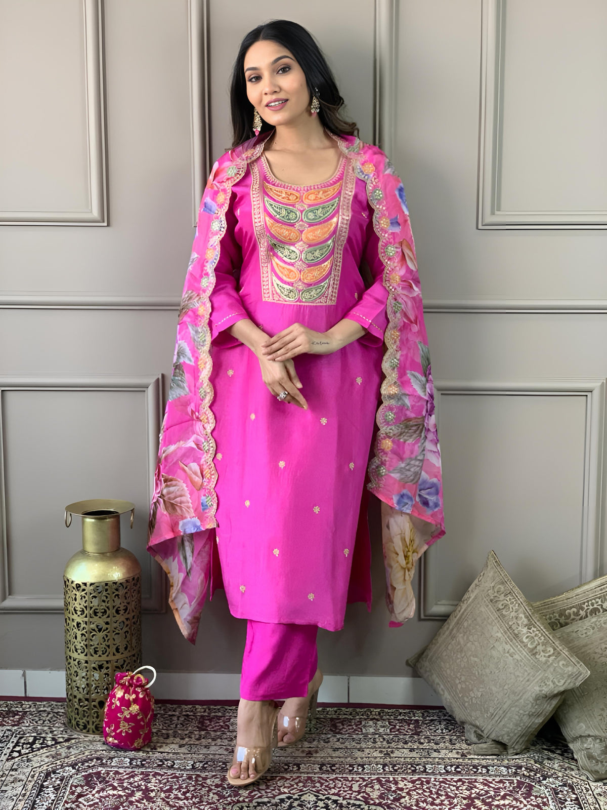 Elegant Pink Embroidered Chanderi and Jacquard Butti Dupatta Set