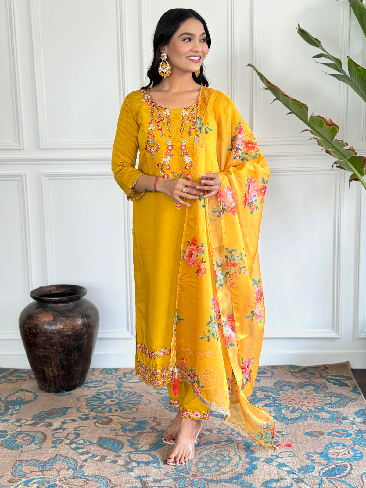 Sunshine Yellow Embroidered Chanderi Silk Kurta Set with Printed Jacquard Butti Dupatta