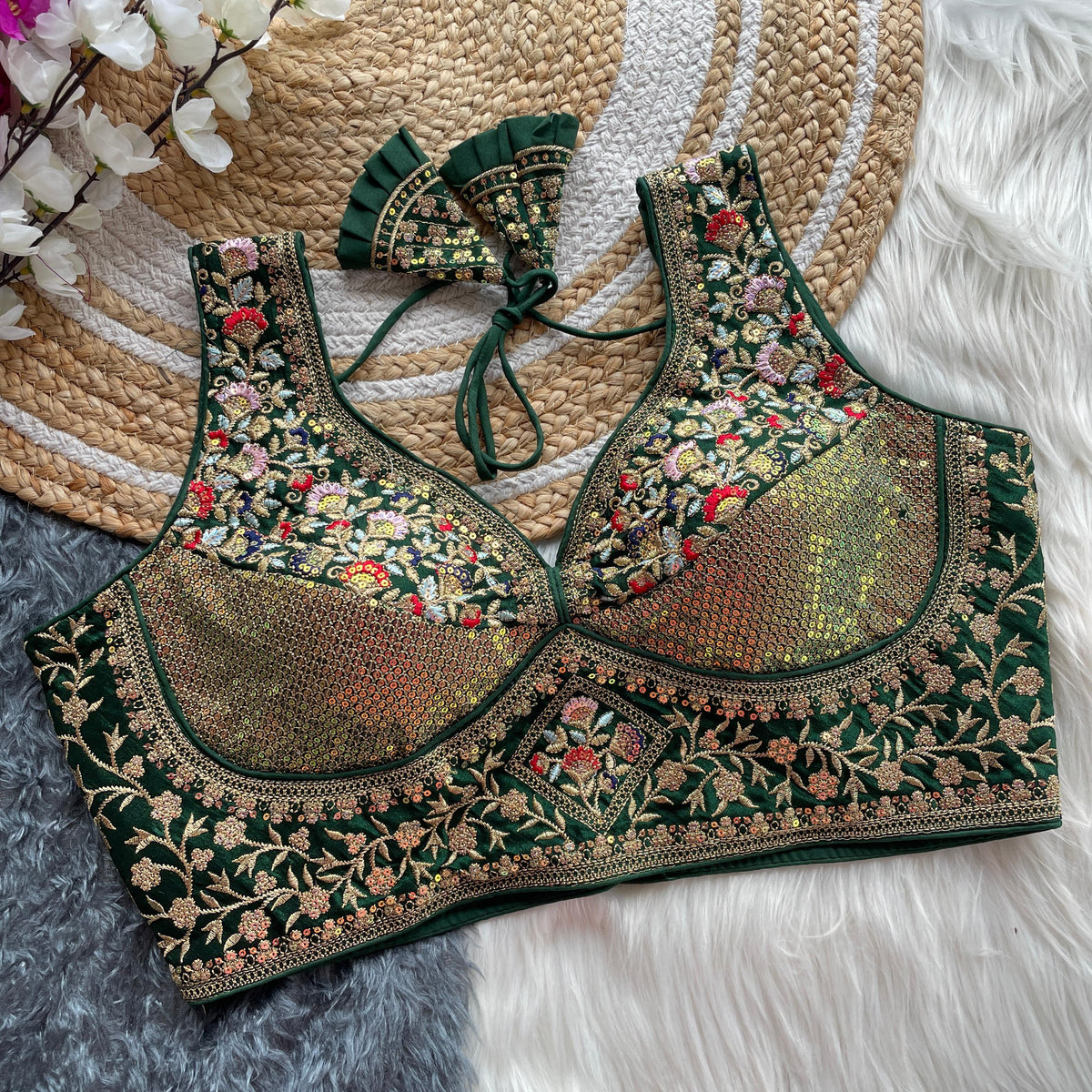 Premium Embroidered Designer Blouse – Ready-Made, Fully Stitched with Sequin & Thread Work