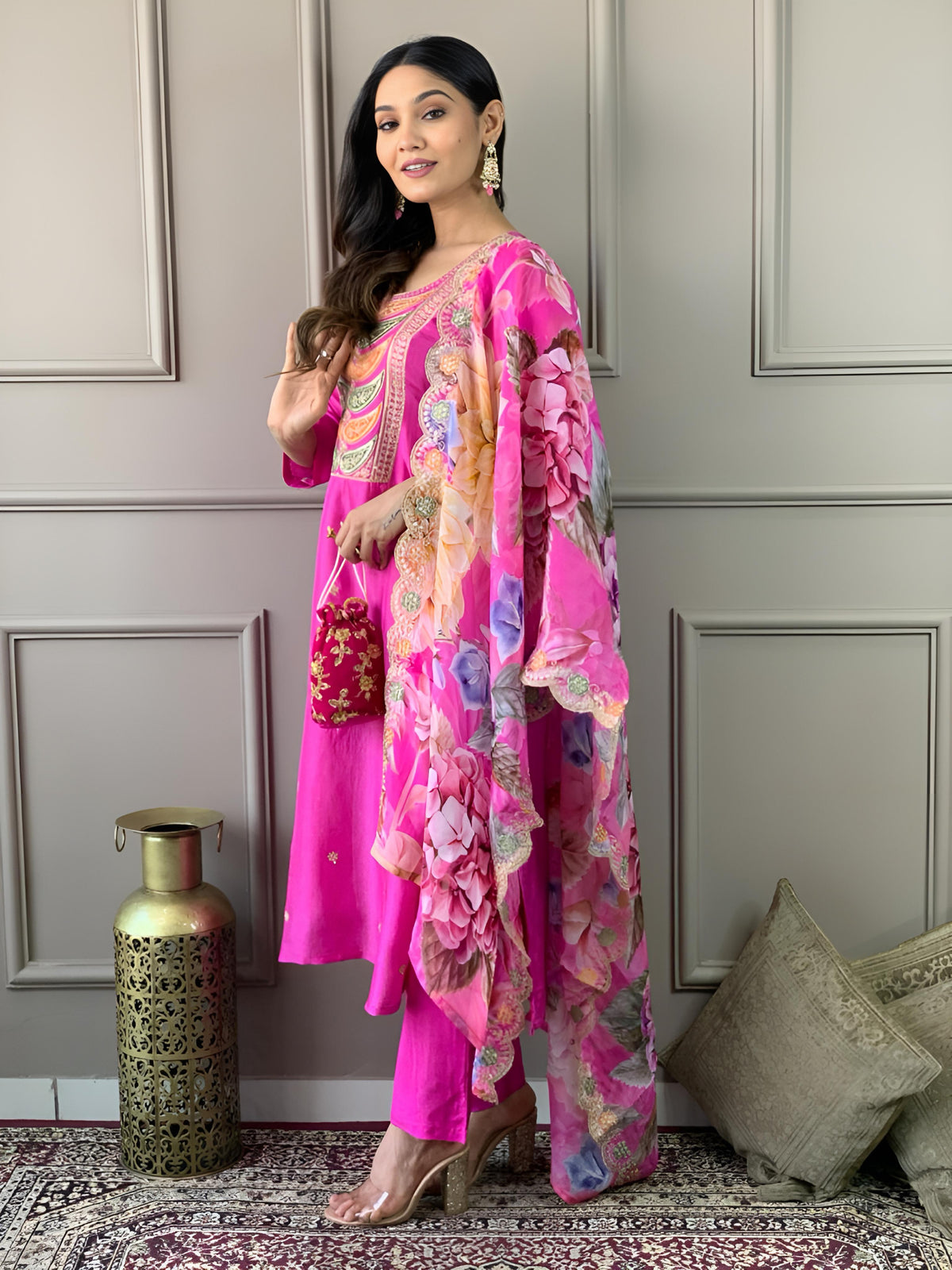 Elegant Pink Embroidered Chanderi and Jacquard Butti Dupatta Set