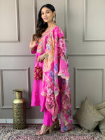 Elegant Pink Embroidered Chanderi and Jacquard Butti Dupatta Set