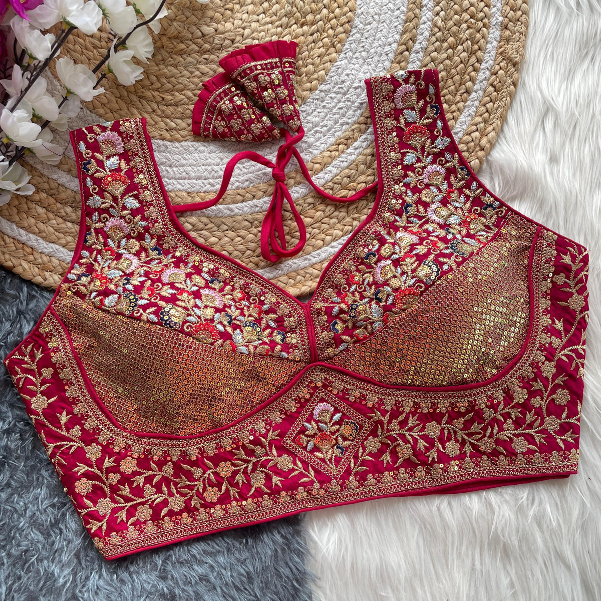 Premium Embroidered Designer Blouse – Ready-Made, Fully Stitched with Sequin & Thread Work