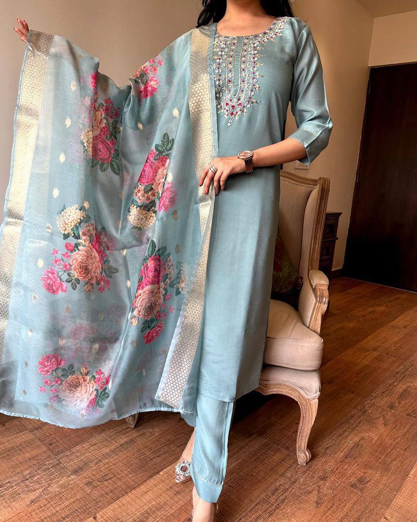 Premium Women’s Sky Blue Embroidered Chanderi Silk Kurta Set with Floral Printed Jacquard Butti Dupatta – Festive and Wedding Ready Outfit