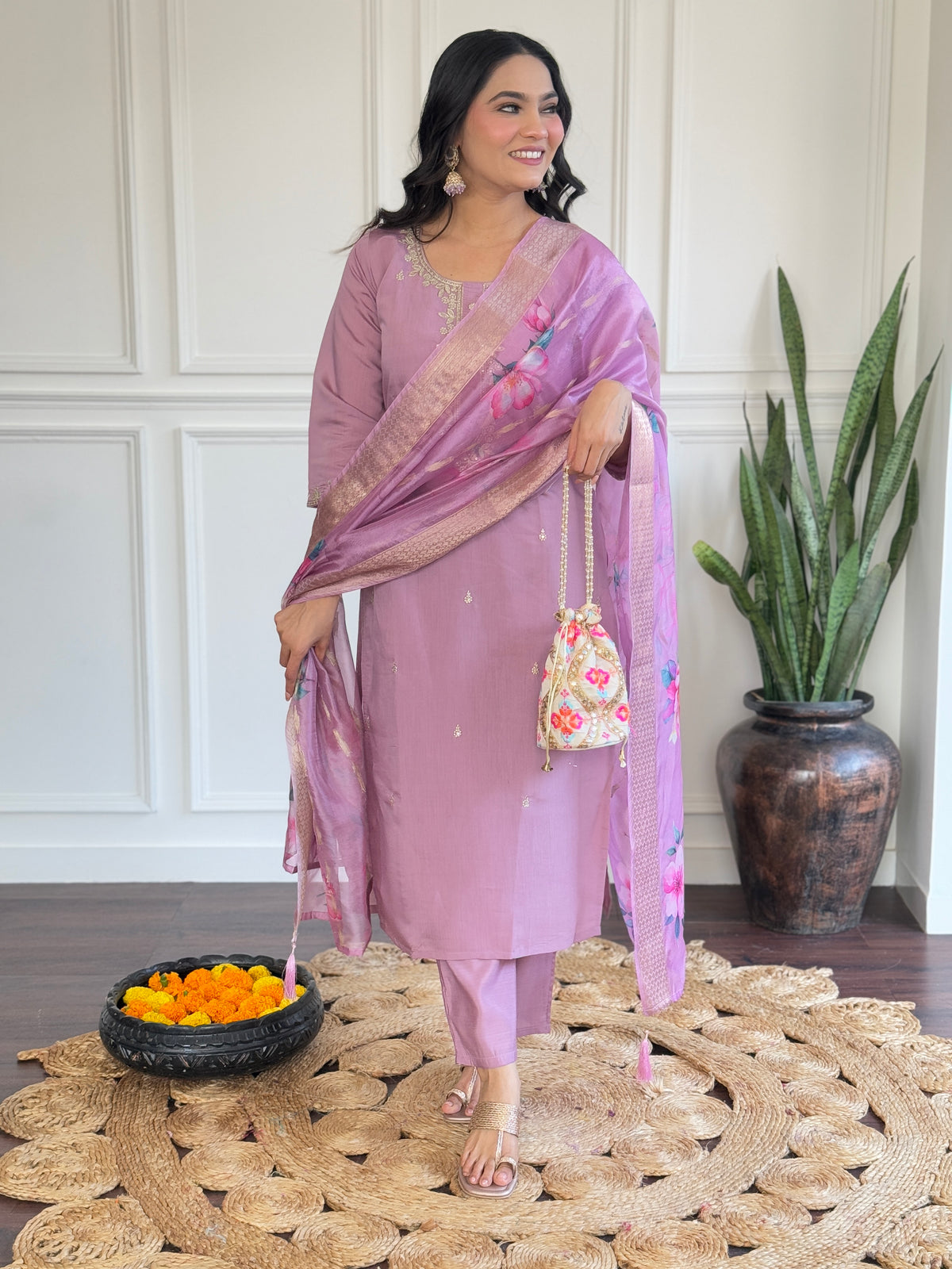 Luxurious Lavender Embroidered Chanderi Silk Suit Set with Jacquard Butti Dupatta