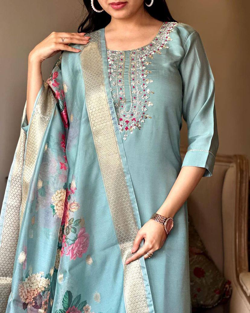 Premium Women’s Sky Blue Embroidered Chanderi Silk Kurta Set with Floral Printed Jacquard Butti Dupatta – Festive and Wedding Ready Outfit