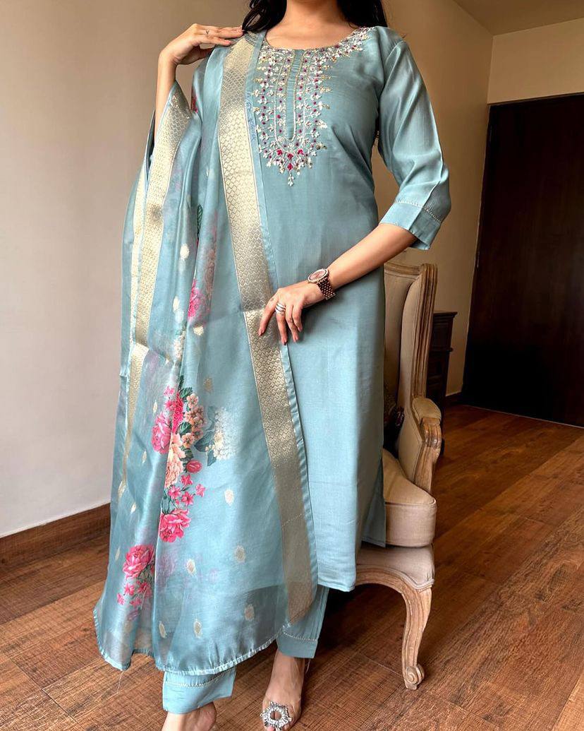Premium Women’s Sky Blue Embroidered Chanderi Silk Kurta Set with Floral Printed Jacquard Butti Dupatta – Festive and Wedding Ready Outfit