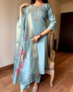 Premium Women’s Sky Blue Embroidered Chanderi Silk Kurta Set with Floral Printed Jacquard Butti Dupatta – Festive and Wedding Ready Outfit