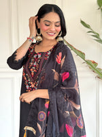 Women’s Black Embroidered Chanderi Silk Kurta Set with Jacquard Butti Dupatta