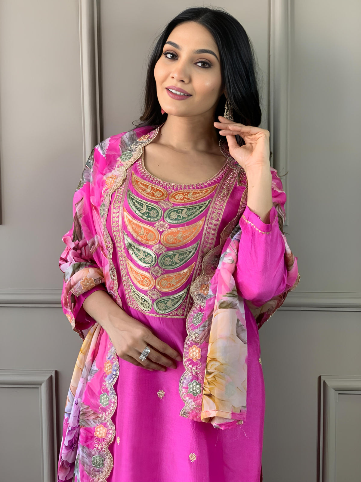 Elegant Pink Embroidered Chanderi and Jacquard Butti Dupatta Set