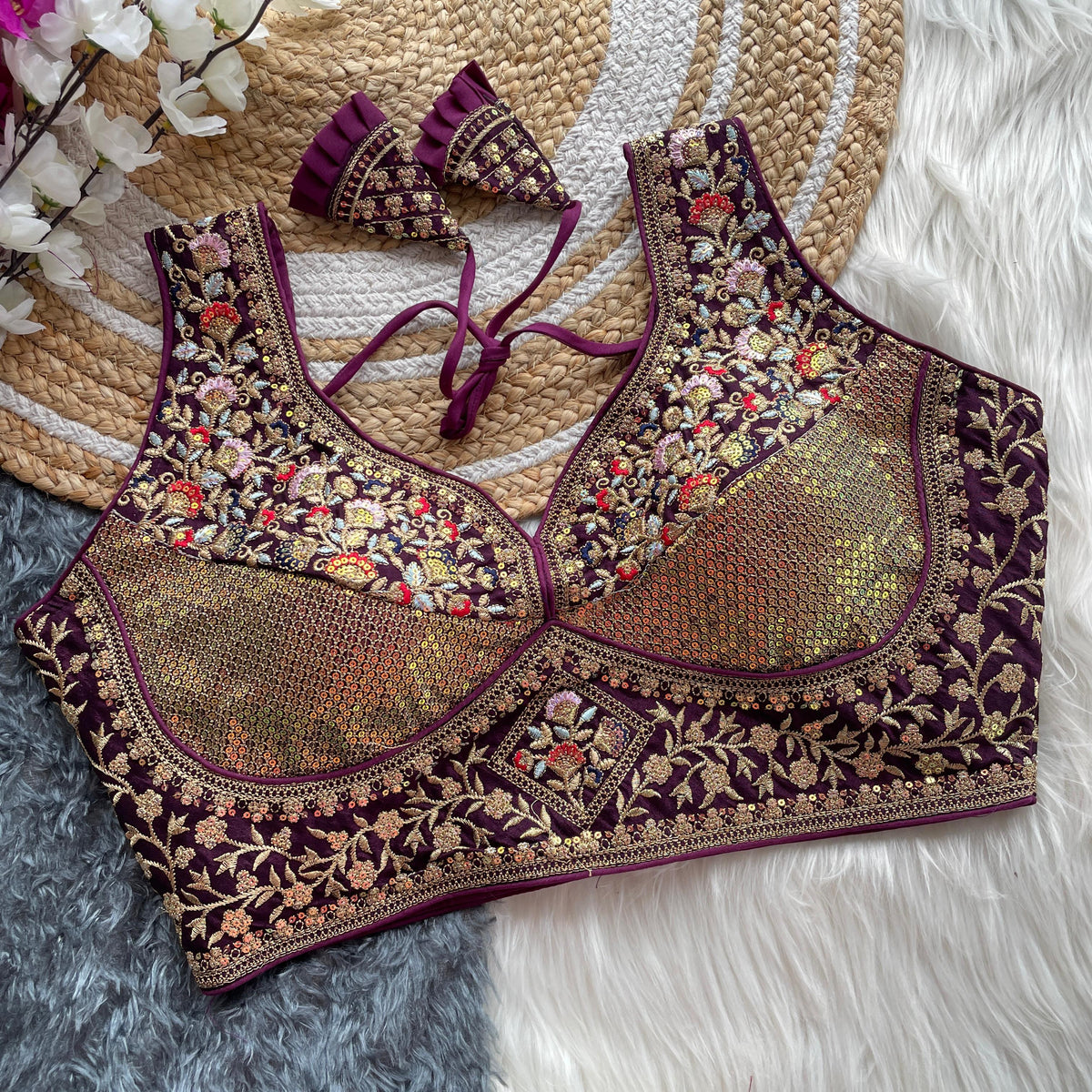 Premium Embroidered Designer Blouse – Ready-Made, Fully Stitched with Sequin & Thread Work