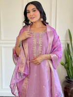 Luxurious Lavender Embroidered Chanderi Silk Suit Set with Jacquard Butti Dupatta