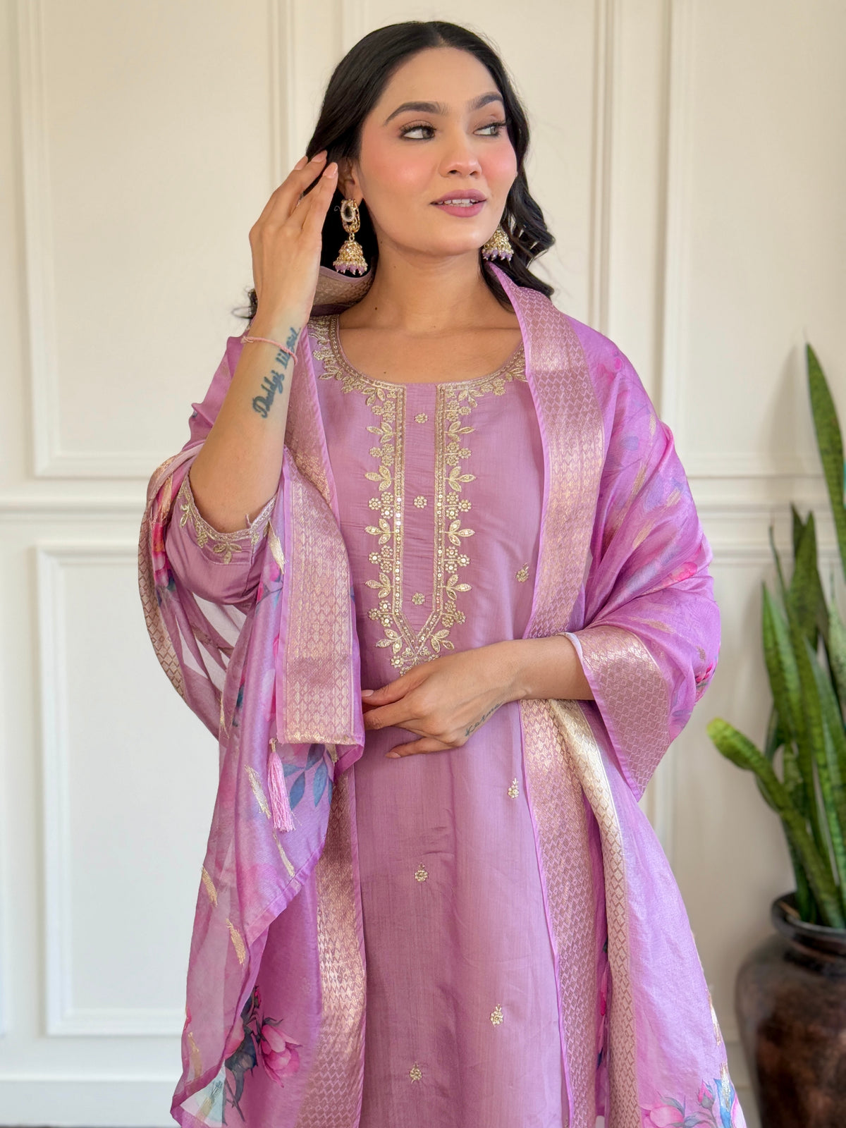Luxurious Lavender Embroidered Chanderi Silk Suit Set with Jacquard Butti Dupatta