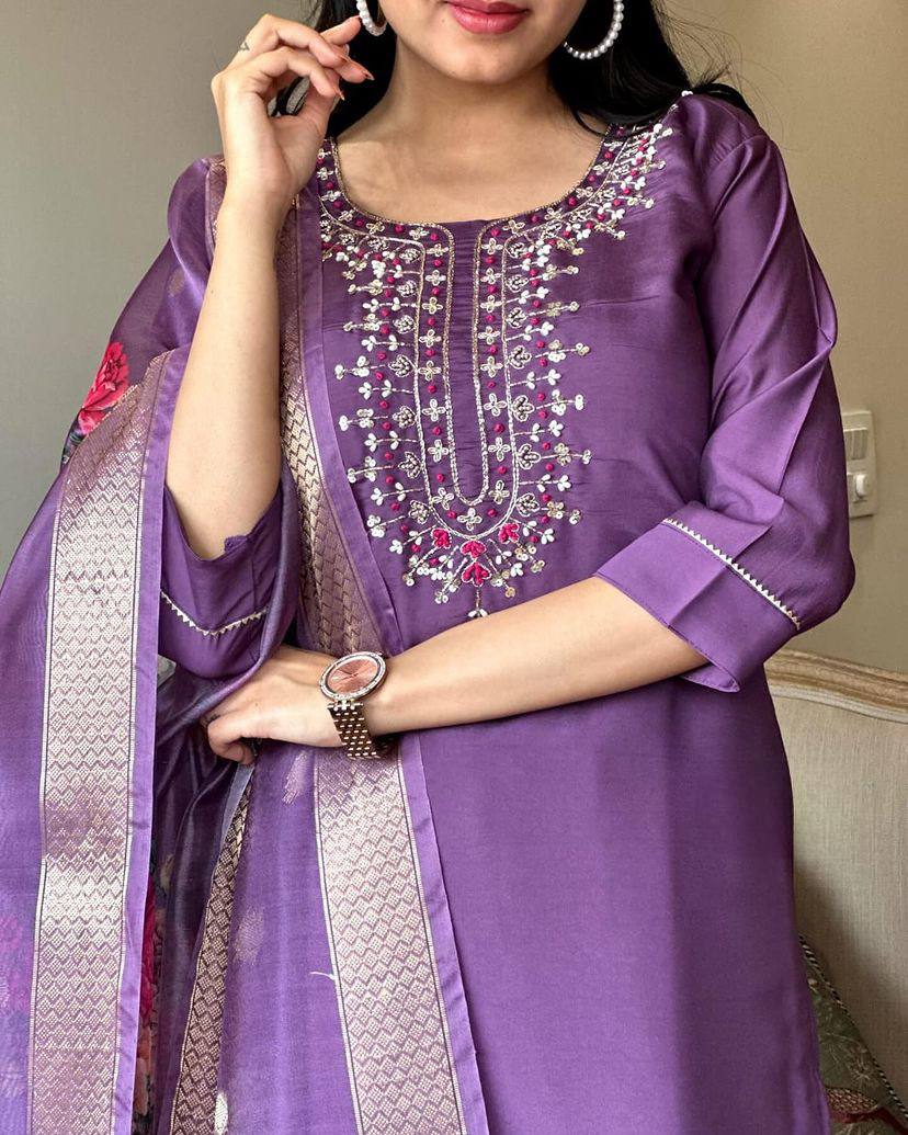 Elegant Purple Embroidered Chanderi Silk Kurta Set with Floral Jacquard Butti Dupatta – Ethnic Wear for Festive & Wedding Occasions