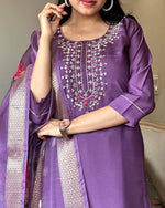 Elegant Purple Embroidered Chanderi Silk Kurta Set with Floral Jacquard Butti Dupatta – Ethnic Wear for Festive & Wedding Occasions