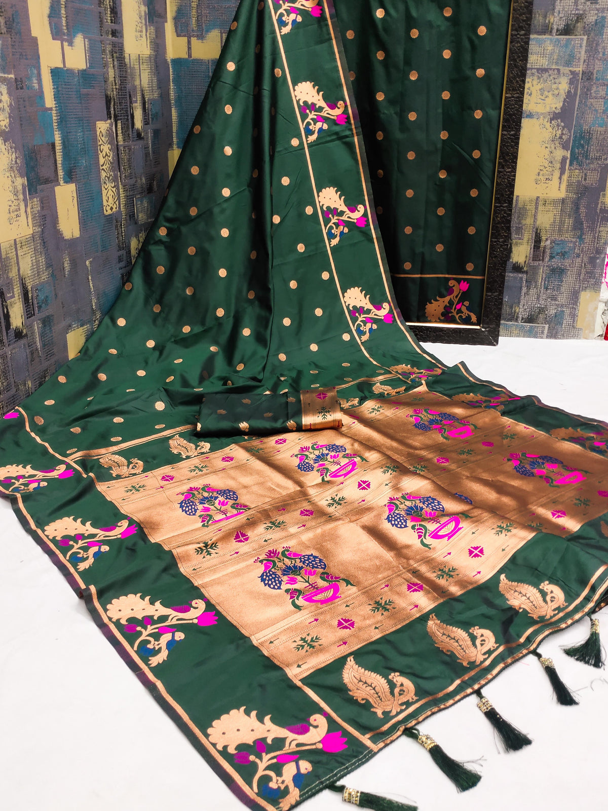Dark Green Banarasi Silk Saree with Golden Zari & Peacock Motifs - Wedding & Festive Wear