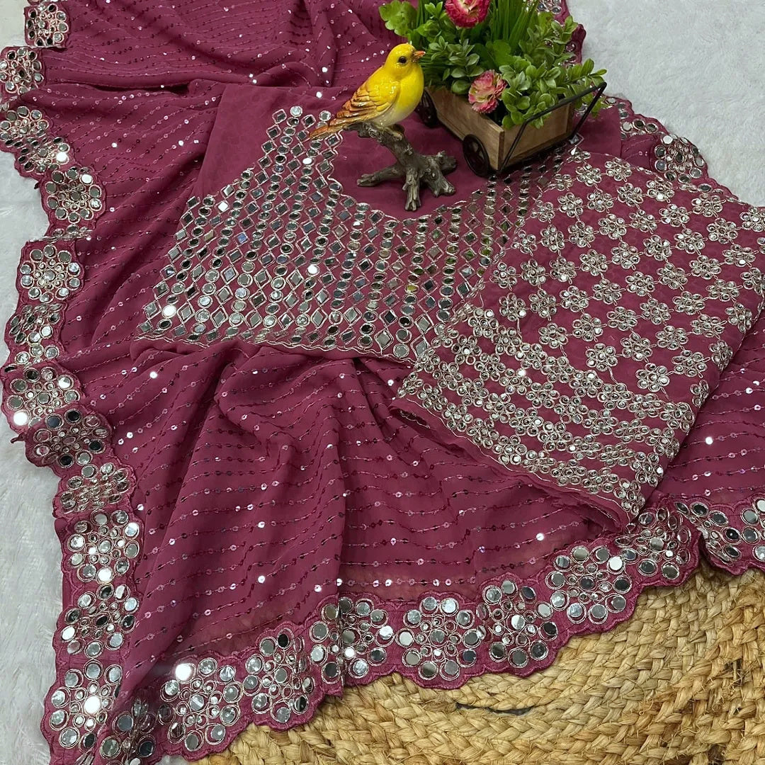 Onion Pink Georgette Saree with Heavy Real Mirror and sequined Work | Designer Saree with Blouse for Wedding & Party