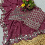 Onion Pink Georgette Saree with Heavy Real Mirror and sequined Work | Designer Saree with Blouse for Wedding & Party