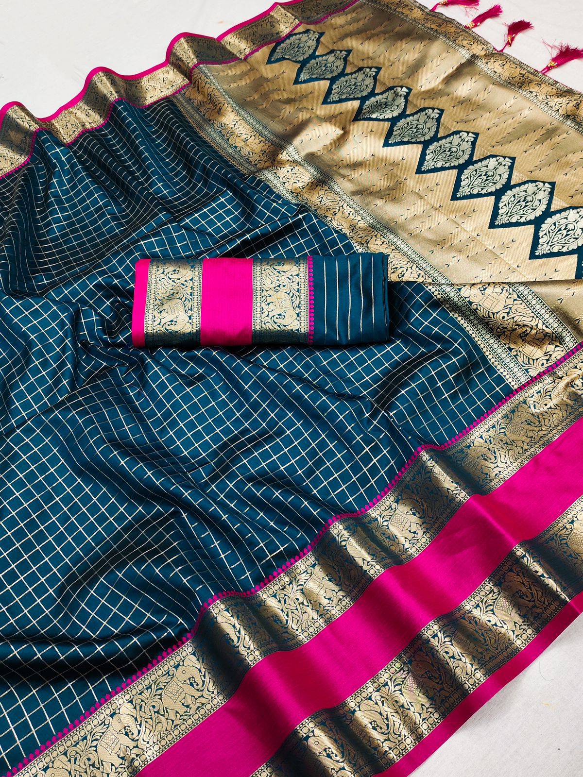 Sky Blue SoftBanarasi Silk Saree with Golden Zari and all over Chex Weaving and Rich Pallu saree for women