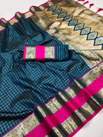 Sky Blue SoftBanarasi Silk Saree with Golden Zari and all over Chex Weaving and Rich Pallu saree for women