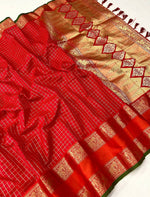 Red SoftBanarasi Silk Saree with Golden Zari and all over Chex Weaving and Rich Pallu saree for women