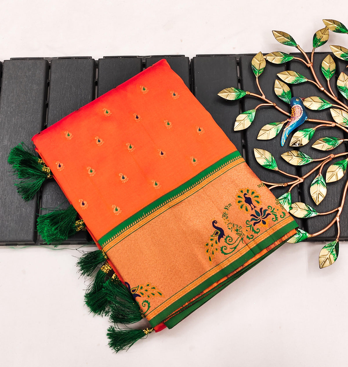 Orange Pure Paithani Silk Saree with Exquisite Meenakari Zari Weaving saree for women