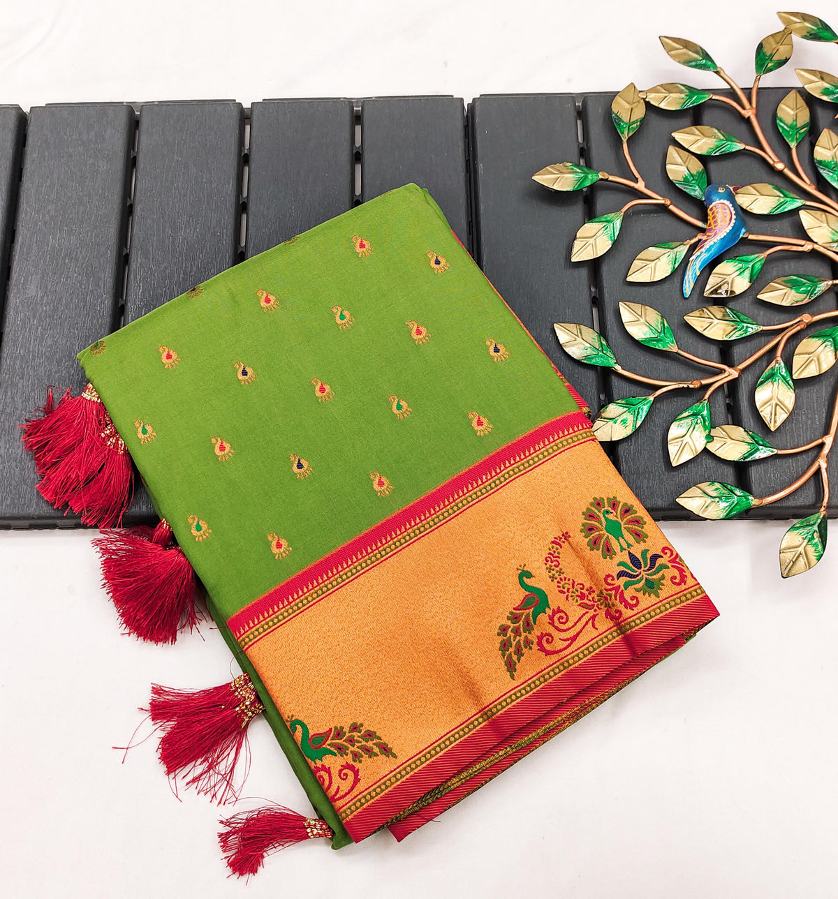 Parrot Green Pure Paithani Silk Saree with Exquisite Meenakari Zari Weaving saree for women