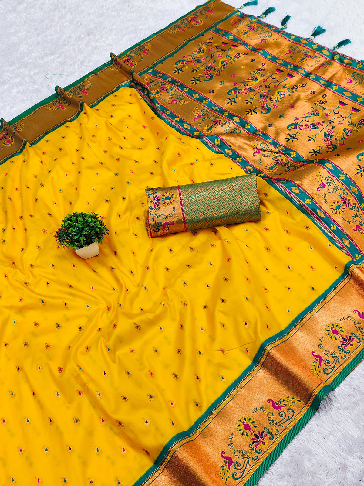 Radiant Yellow Soft Pethani Silk Saree with Exquisite Meenakari Weaving Saree For Women
