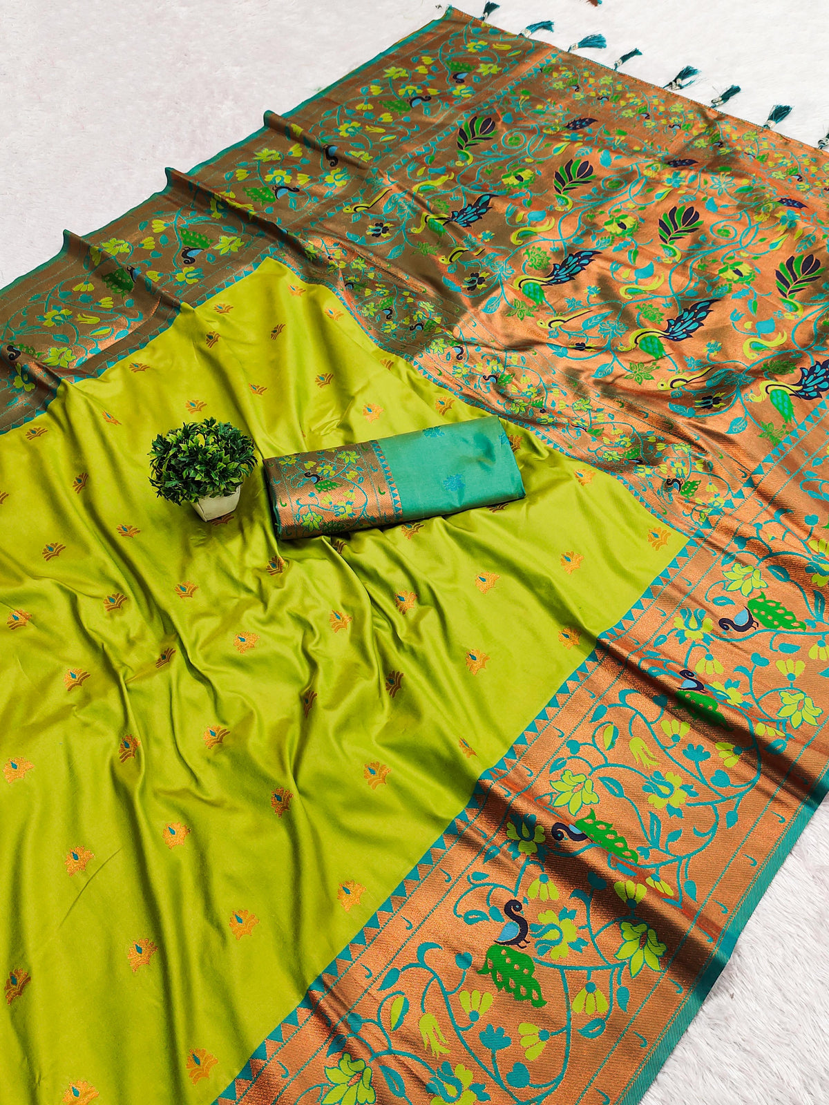 Exquisite Parrot Green Soft Pethani Silk Saree with Rich Meenakari Weaving Saree For Women