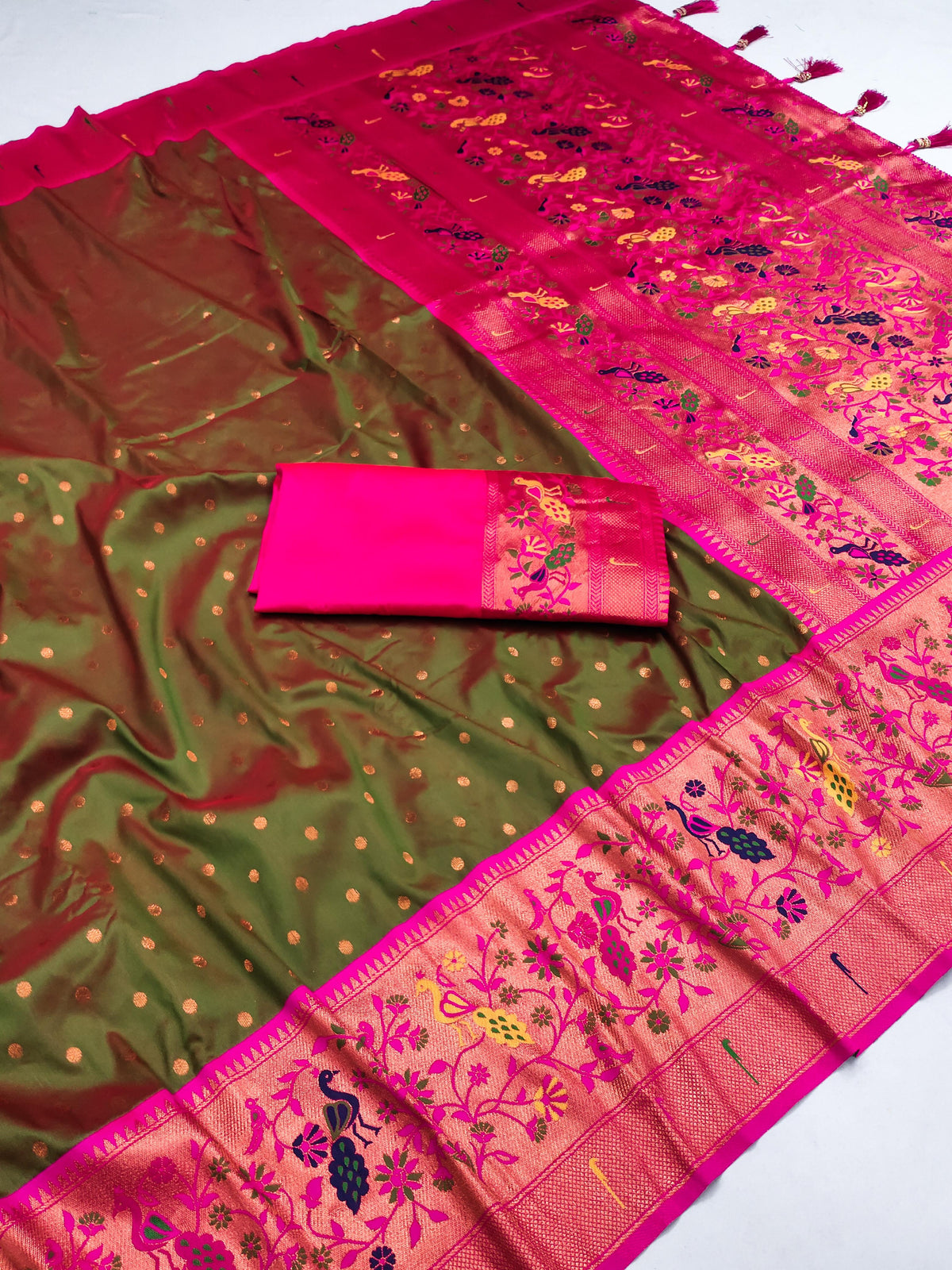 Majestic Mehendi Green Paithani Soft Silk with tessels Saree for women