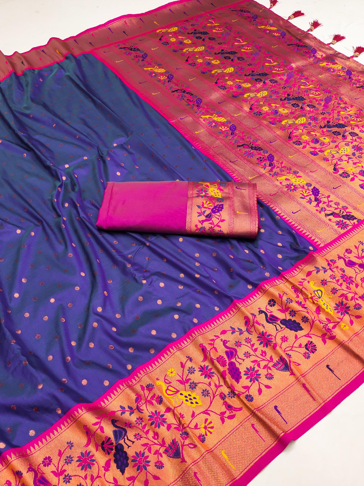 Royal Blue and Pink Border Paithani Zari Weaving Soft Silk Saree