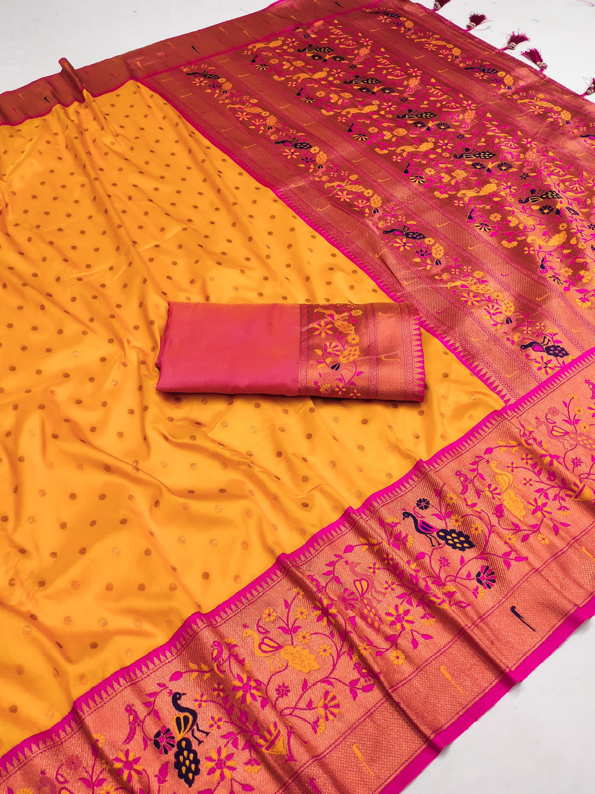 Yellow And Pink Border Zari Weaving Paithani Soft Silk Saree with Tassels