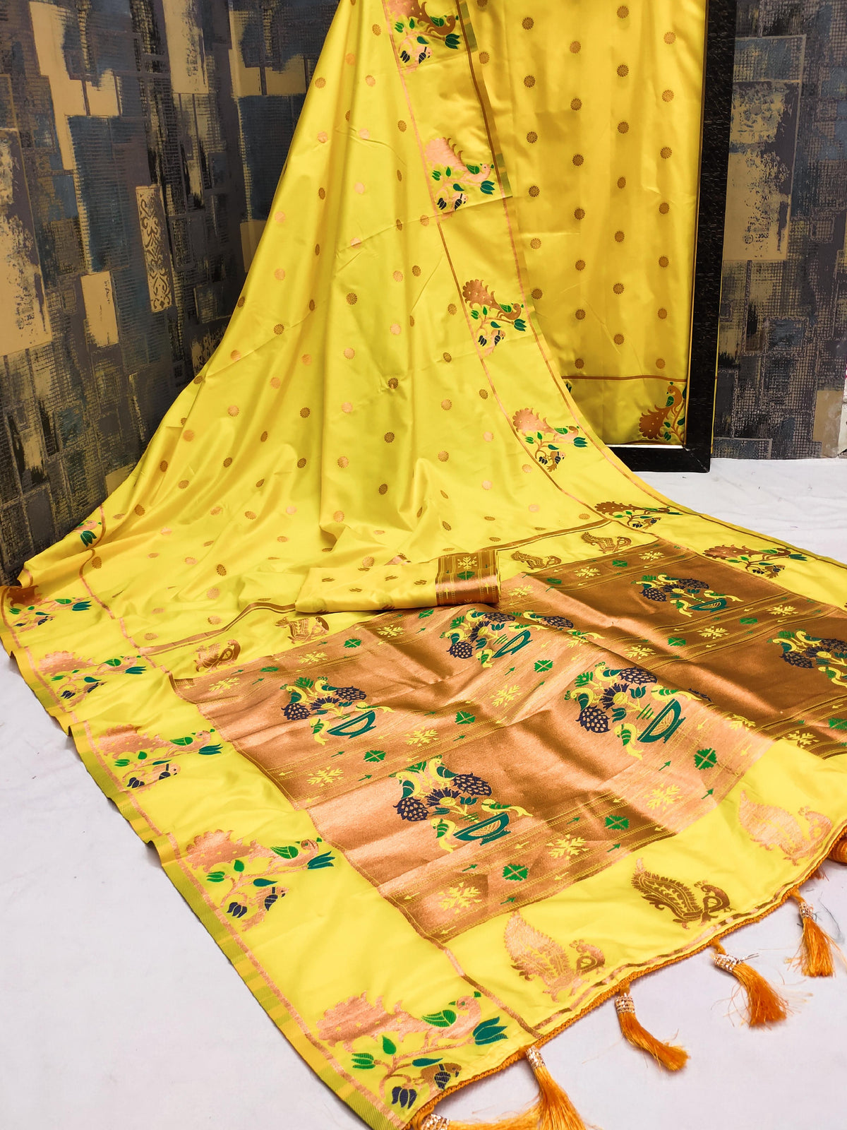 Yellow Banarasi Silk Saree with Golden Zari & Peacock Motifs - Elegant Festive & Wedding Wear