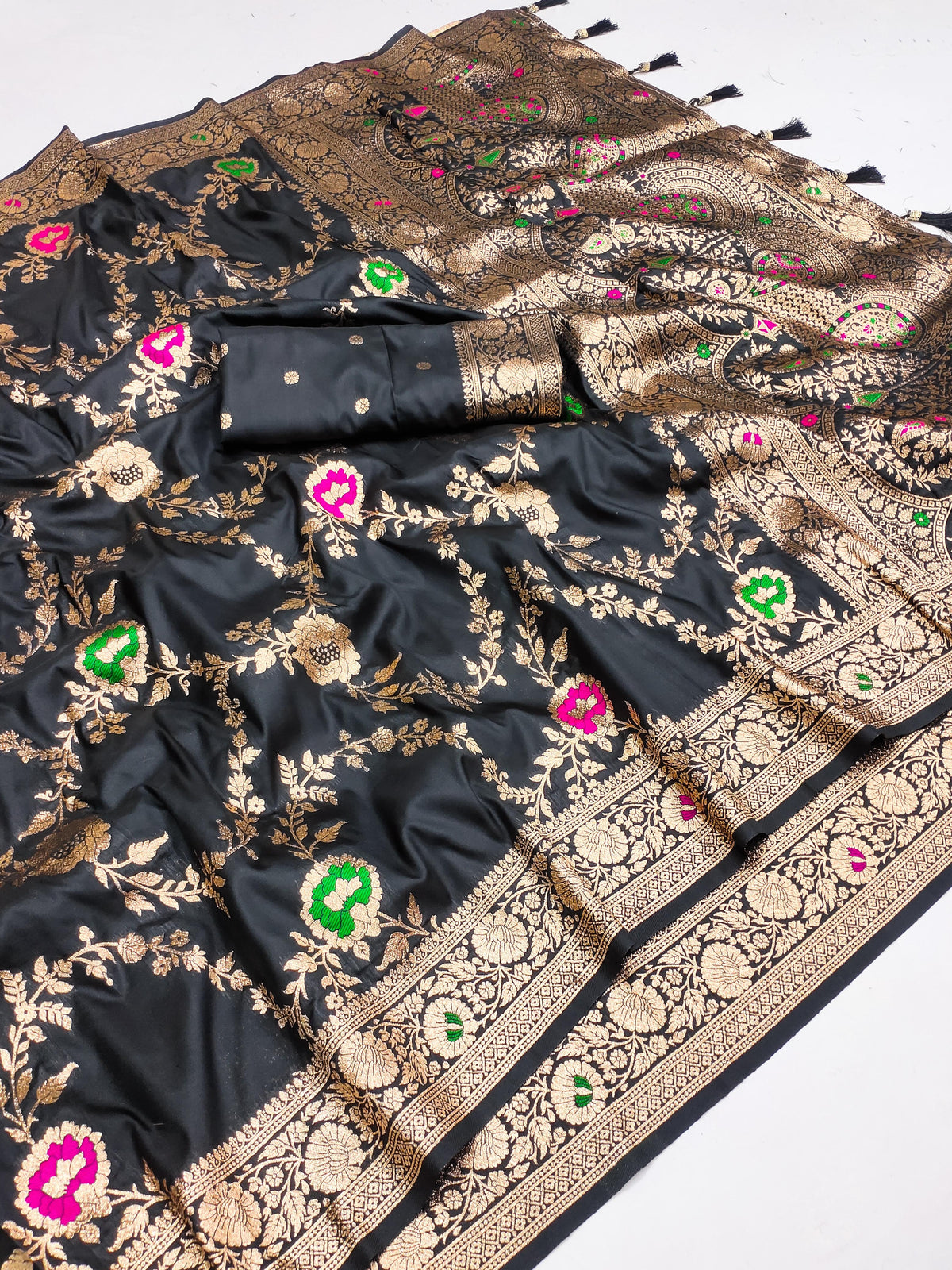 Exquisite Black Banarasi Soft Silk Saree with Golden Zari Weaving and Unstitched Blouse