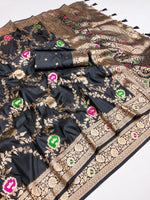 Exquisite Black Banarasi Soft Silk Saree with Golden Zari Weaving and Unstitched Blouse