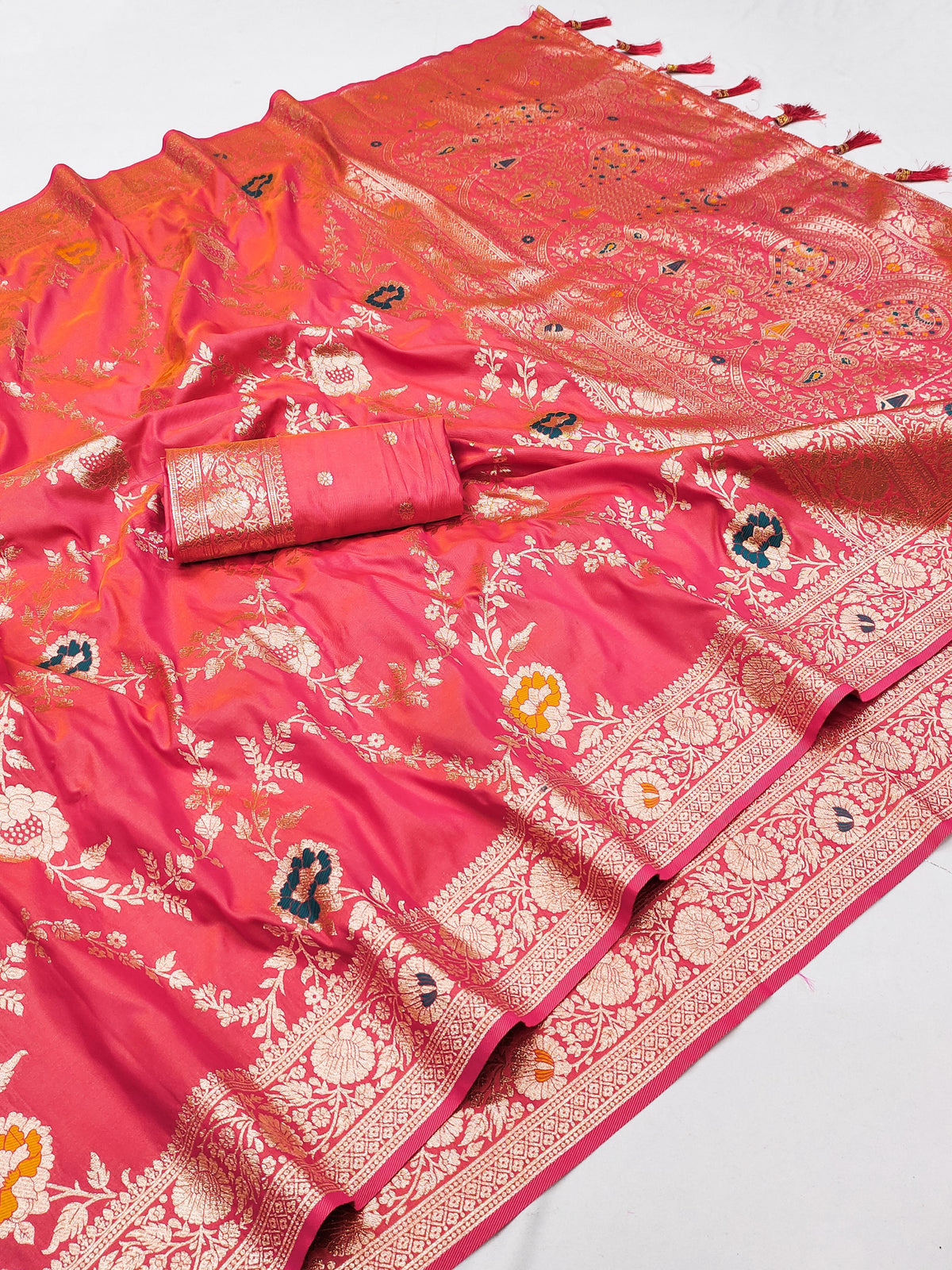 Peach Banarasi Soft Silk with Golden ZariMeenakari Weaving Saree