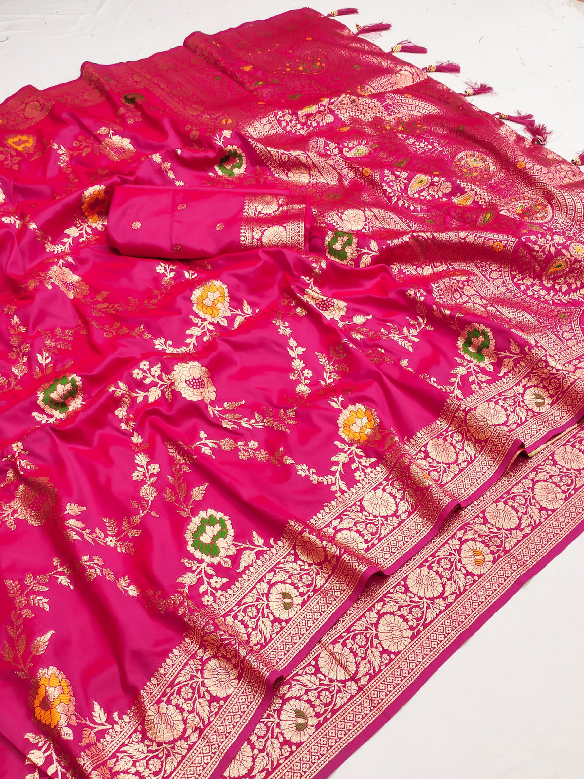 Rani Pink Banarasi Soft Silk Saree with Golden Zari Saree For Women