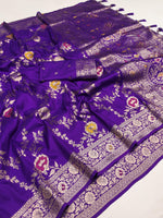 royal purple Banarasi soft silk saree, featuring golden zari weaving saree