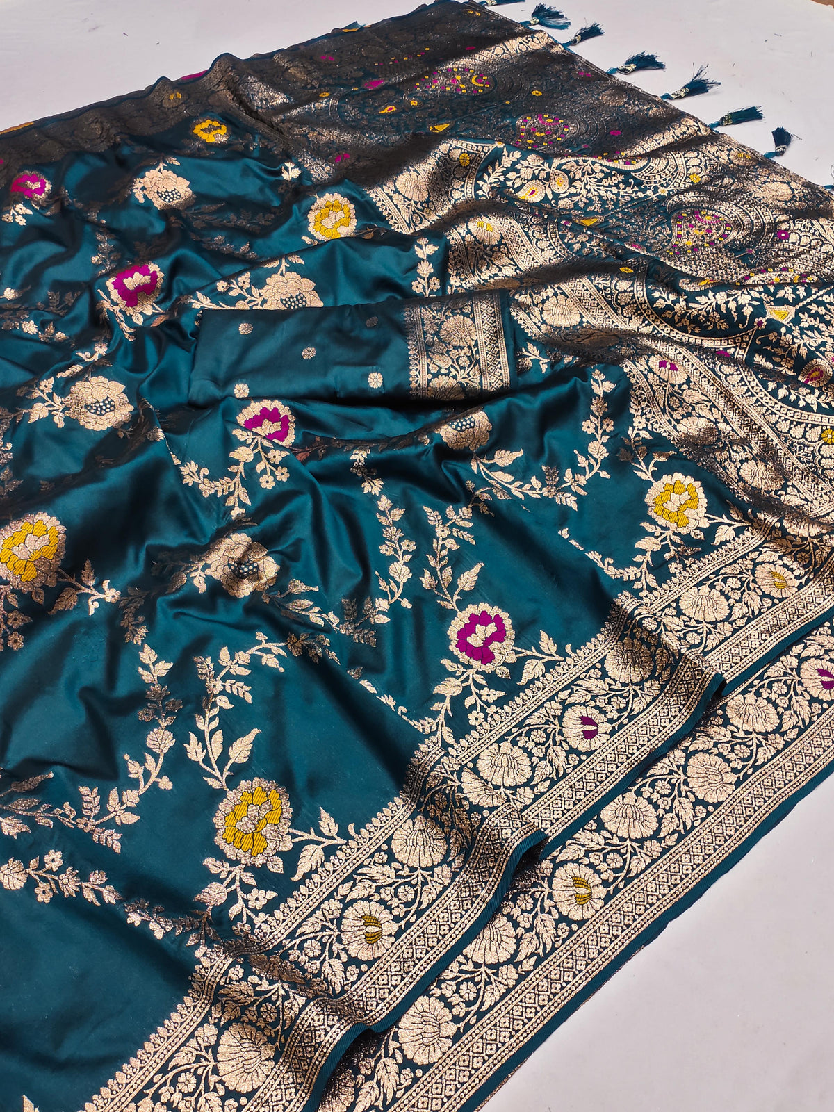 Teal Blue Banarasi Soft Silkwith Golden ZariMeenakari Weaving Saree