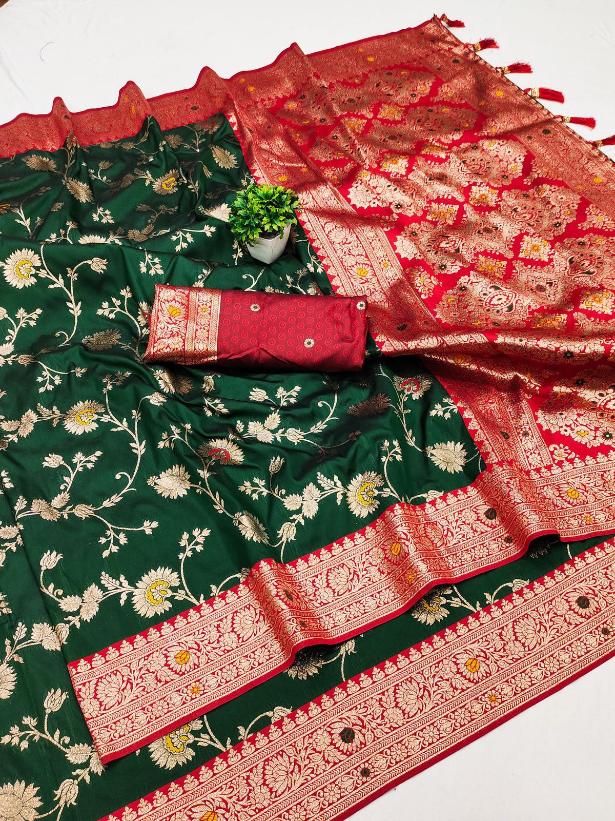 Elegant Green Banarasi Silk Saree with Red Contrast Border