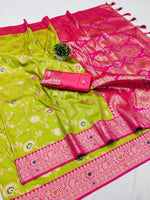 Elegant Green and Pink Banarasi Silk Saree with Zari and Meenakari Weaving