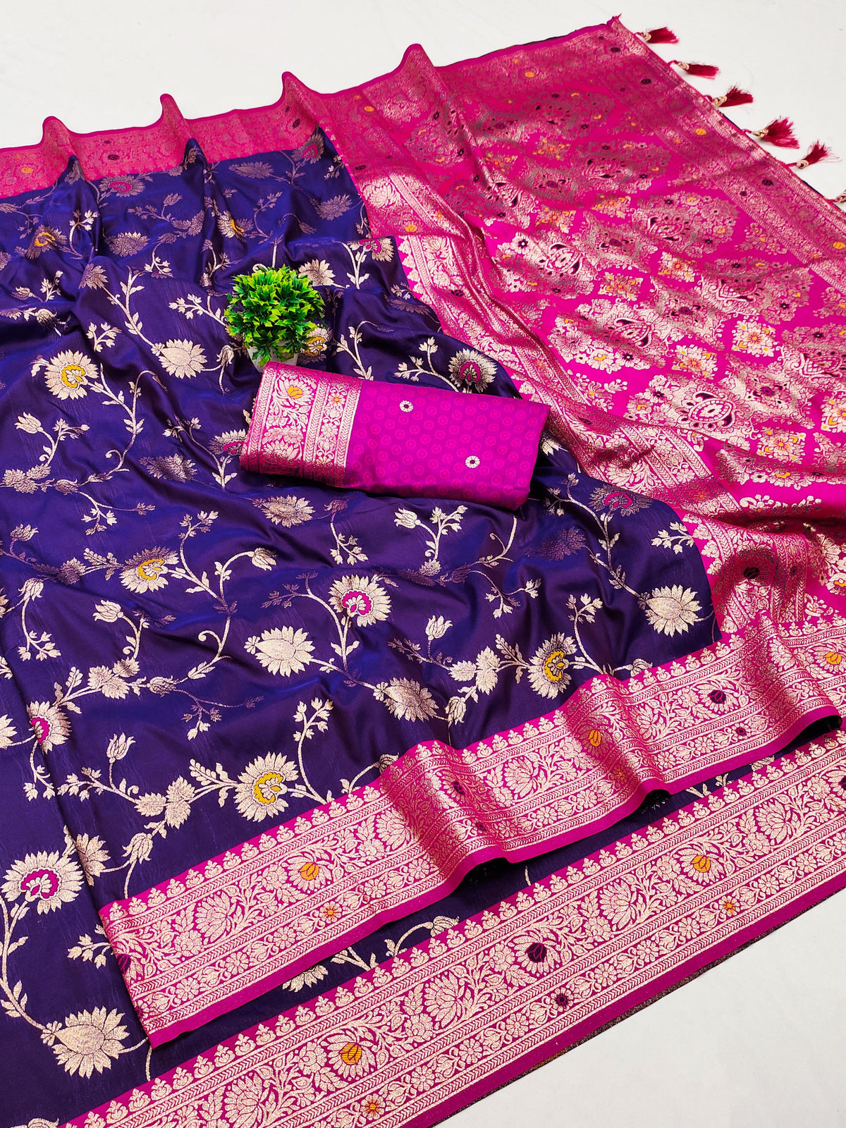 Royal Purple and Pink Banarasi Silk Saree with Zari Meenakari Weaving